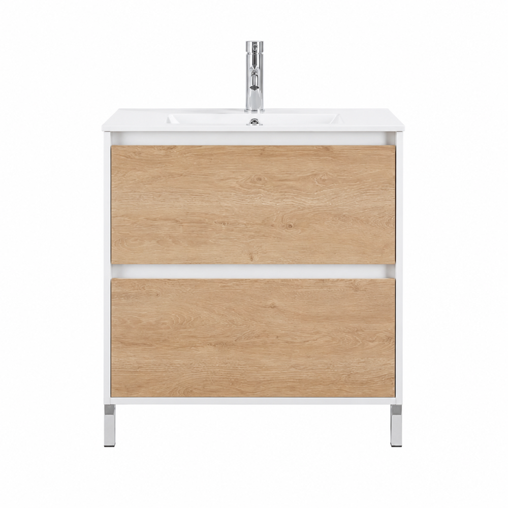 Meuble de salle de bain 80 cm blanc avec façade chêne moderne