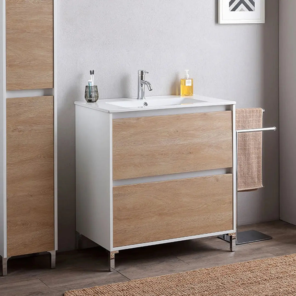 Meuble de salle de bain 80 cm blanc avec façade chêne moderne