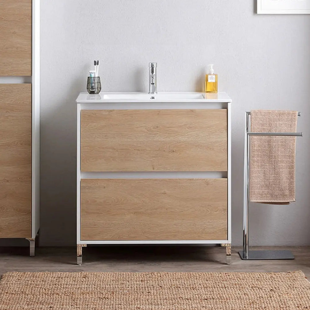 Meuble de salle de bain 80 cm blanc avec façade chêne moderne