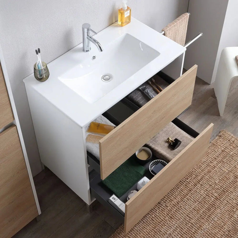 Meuble de salle de bain 80 cm blanc avec façade chêne moderne