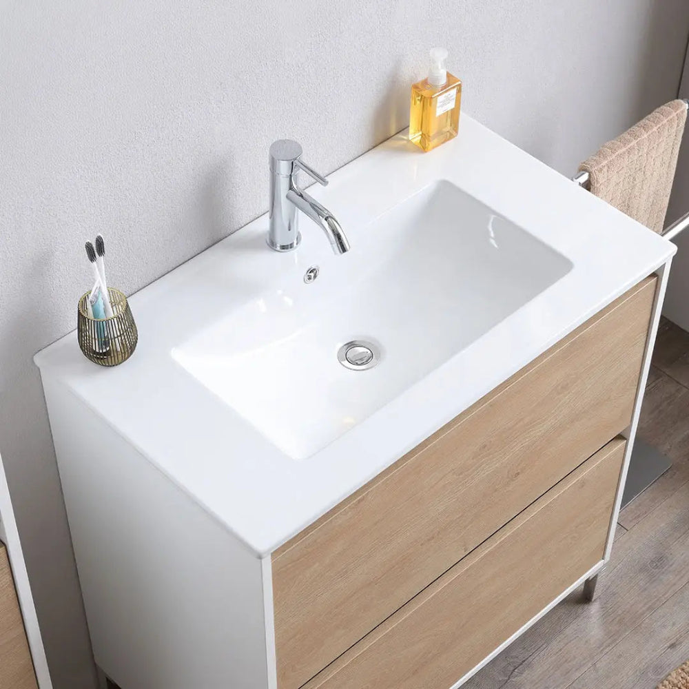Meuble de salle de bain 80 cm blanc avec façade chêne moderne