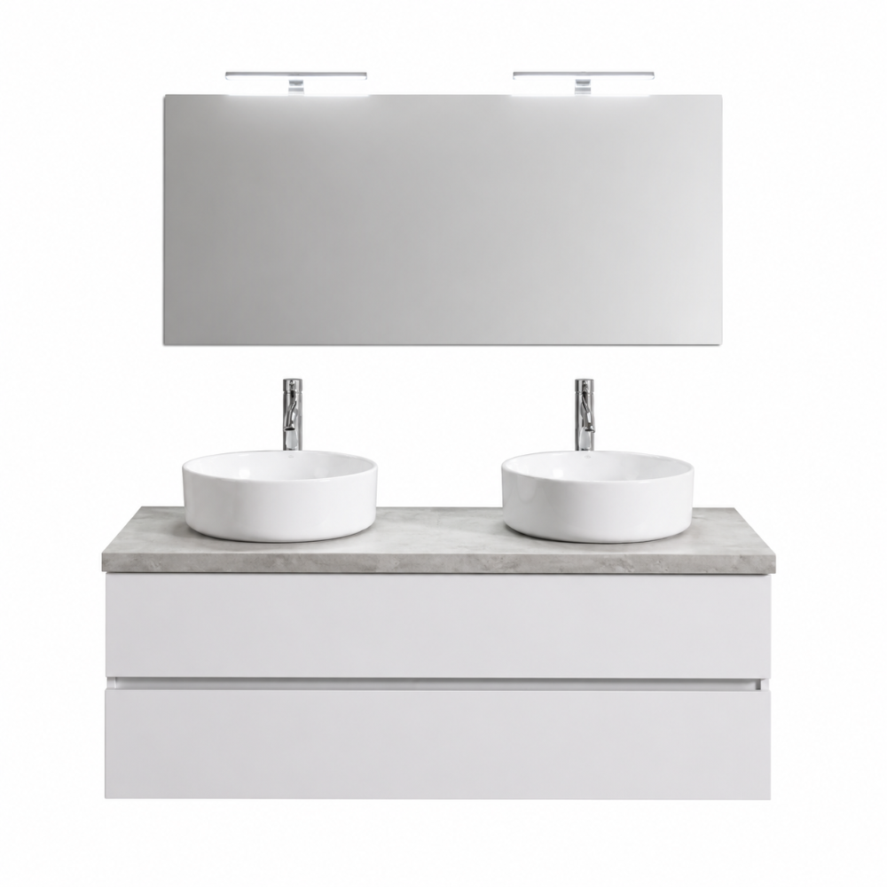 Meuble de salle de bain double vasque suspendu 120 cm blanc, plan béton, miroir et lampes