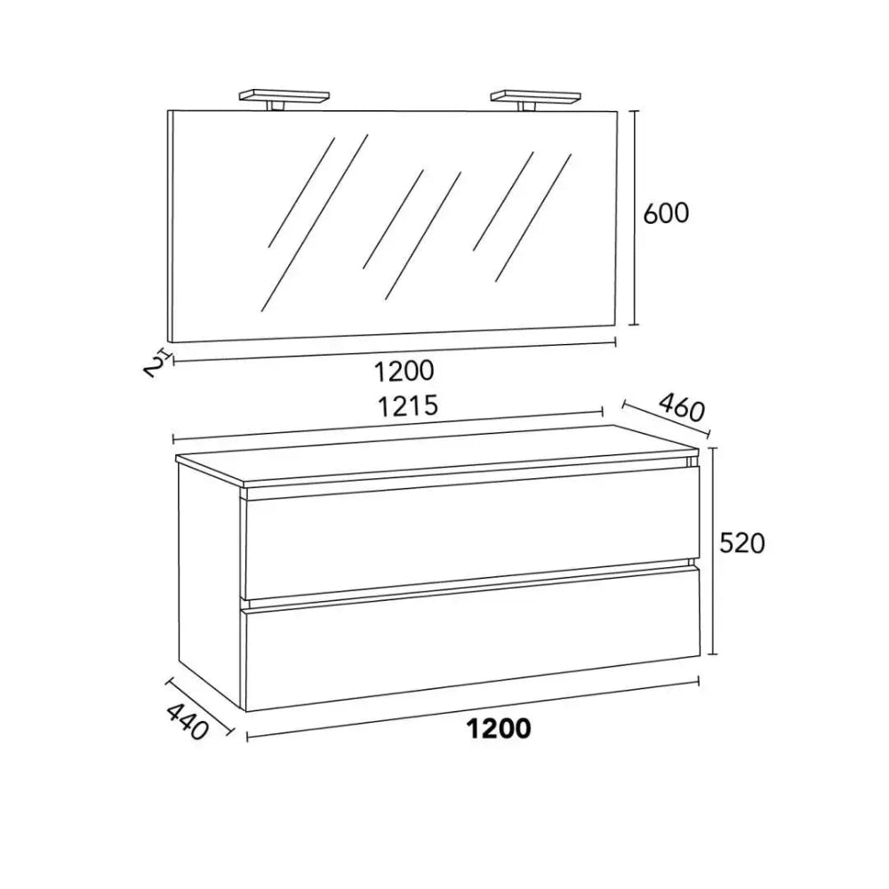 Meuble de salle de bain double vasque suspendu 120 cm blanc, plan béton, miroir et lampes
