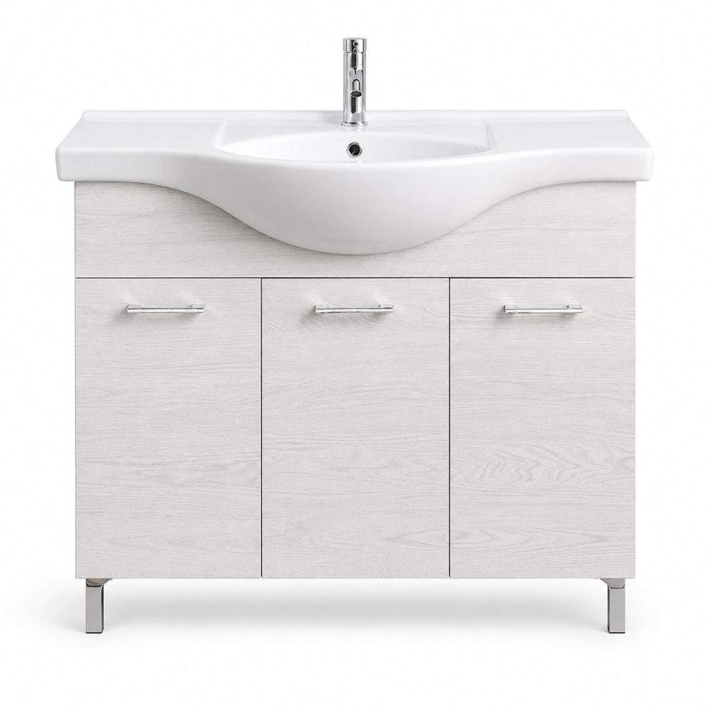 Meuble de salle de bain sur pied 105 cm 3 portes chêne blanc avec lavabo