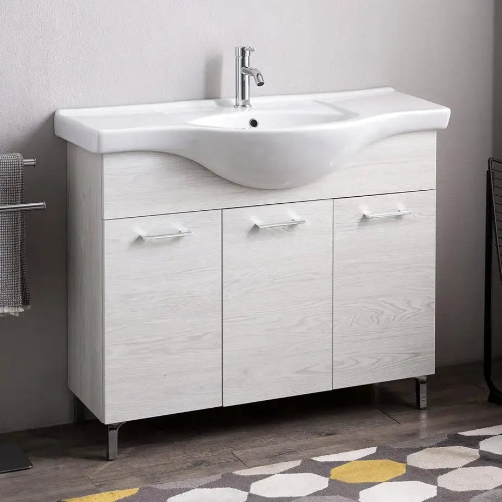 Meuble de salle de bain sur pied 105 cm 3 portes chêne blanc avec lavabo