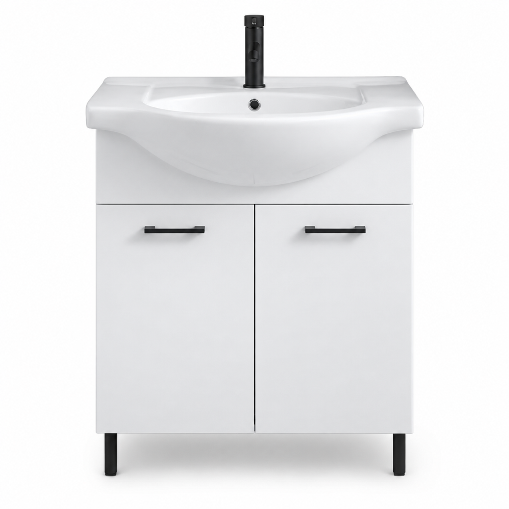 Meuble de salle de bain sur pied 75 cm blanc, détails noirs