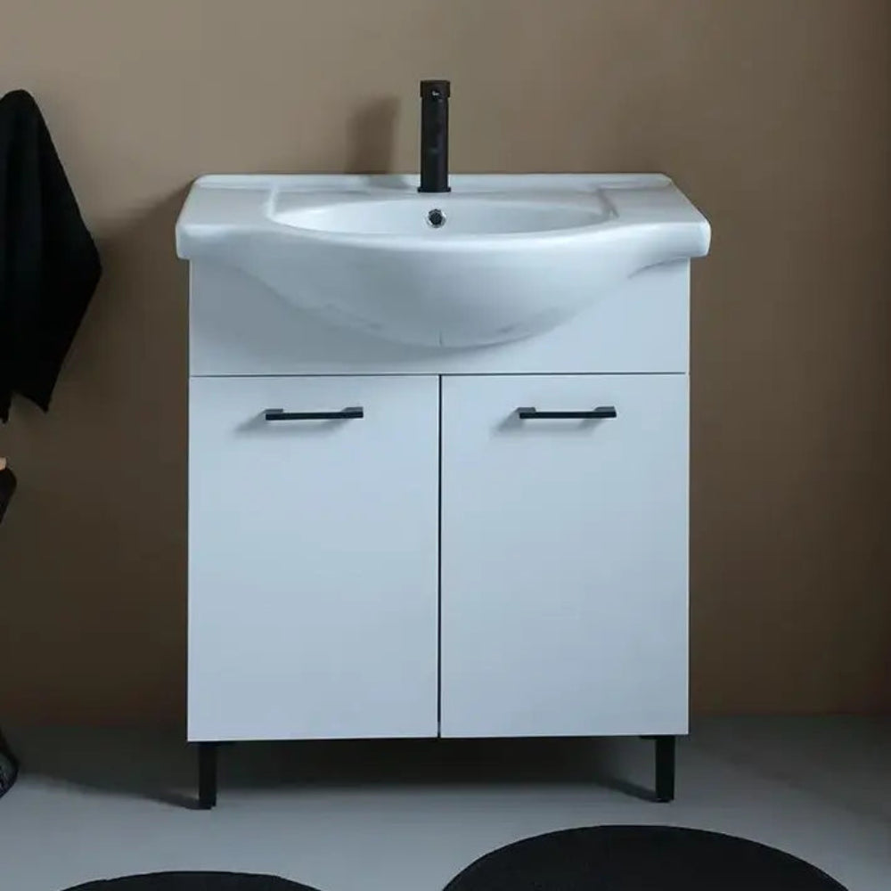 Meuble de salle de bain sur pied 75 cm blanc, détails noirs