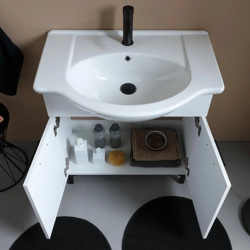Meuble de salle de bain sur pied 75 cm blanc, détails noirs