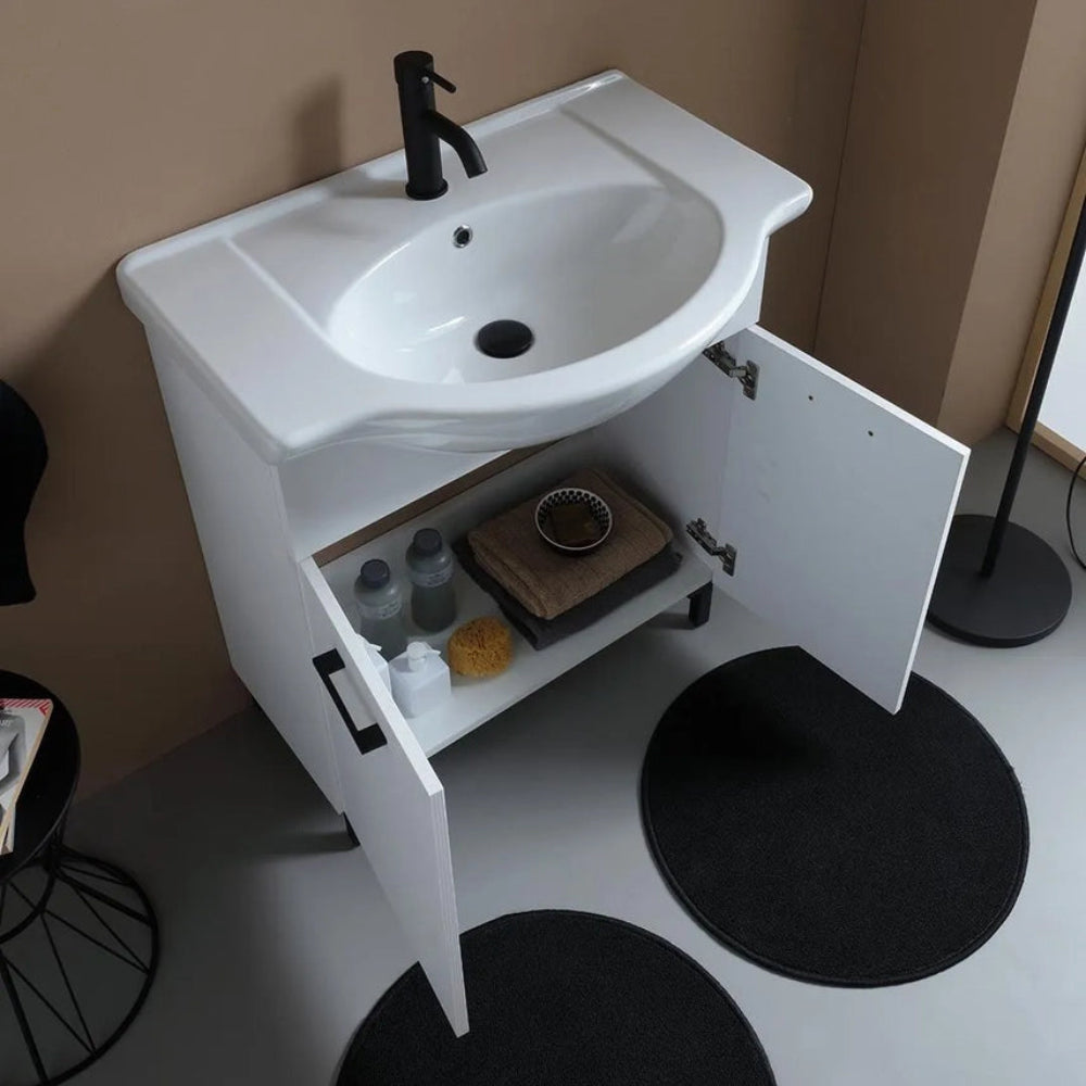 Meuble de salle de bain sur pied 75 cm blanc, détails noirs