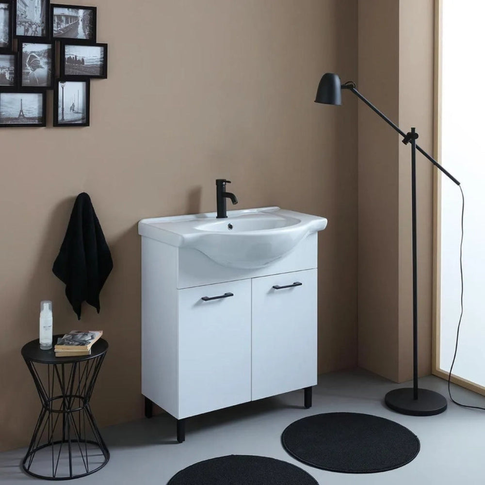 Meuble de salle de bain sur pied 75 cm blanc, détails noirs