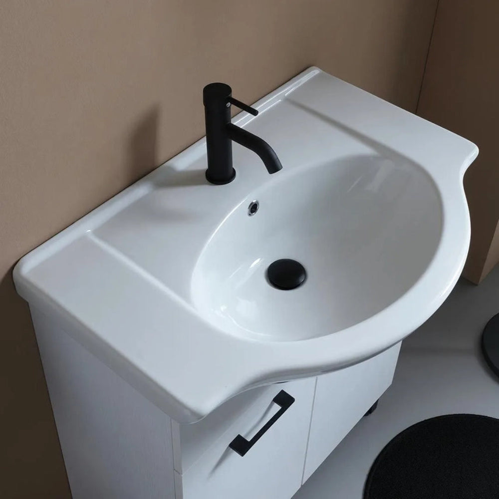 Meuble de salle de bain sur pied 75 cm blanc, détails noirs
