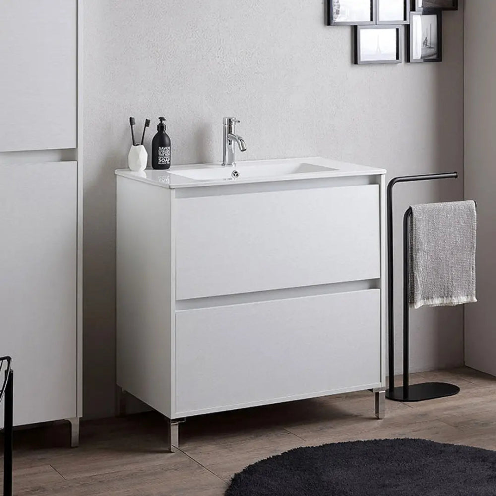 Meuble de salle de bain sur pied 80 cm blanc effet bois moderne