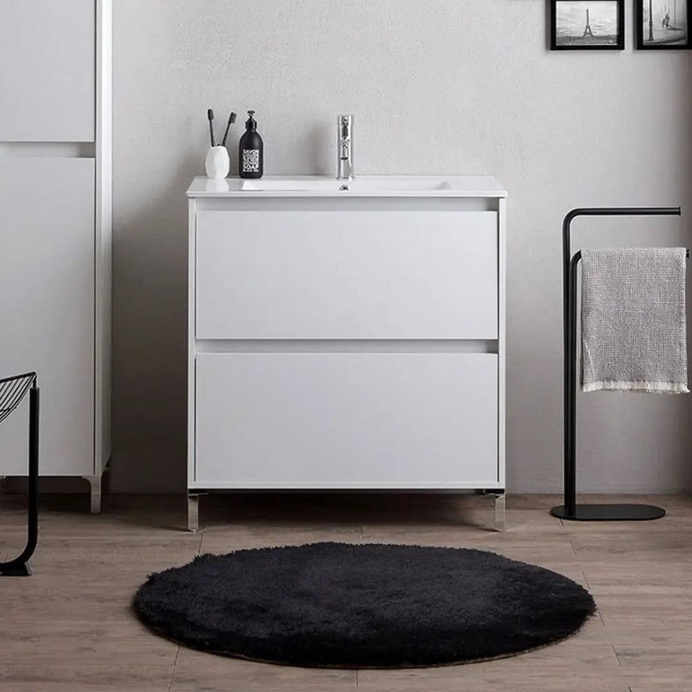 Meuble de salle de bain sur pied 80 cm blanc effet bois moderne