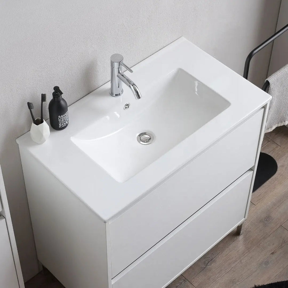 Meuble de salle de bain sur pied 80 cm blanc effet bois moderne