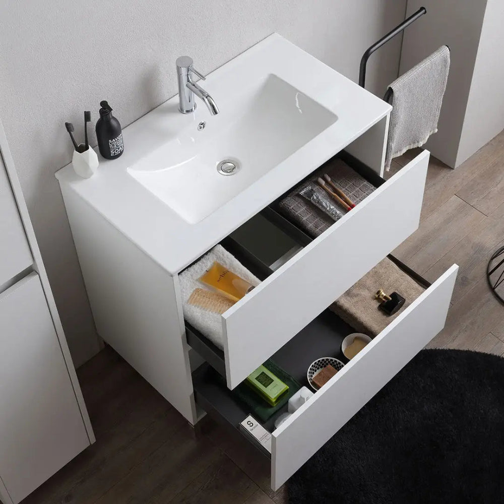 Meuble de salle de bain sur pied 80 cm blanc effet bois moderne