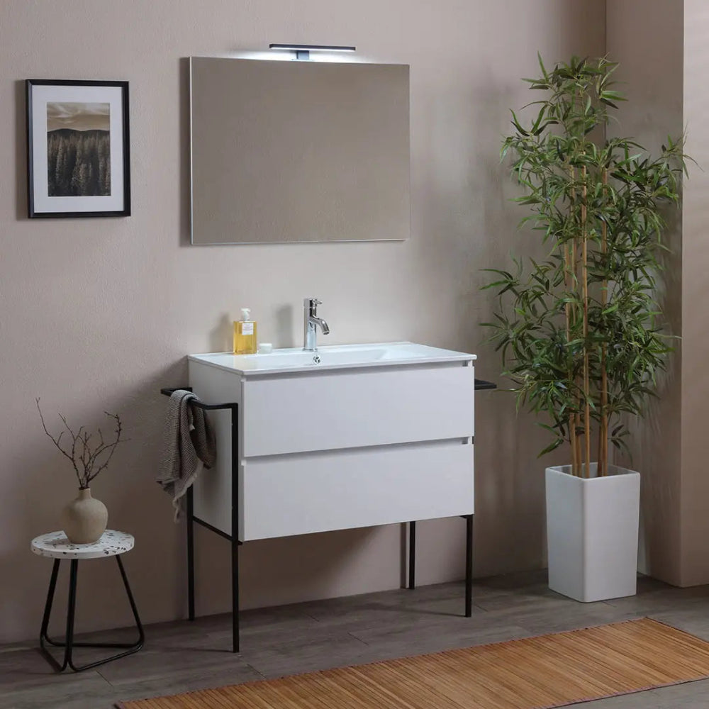 Meuble de salle de bain sur pieds 80 cm blanc avec tiroirs et miroir