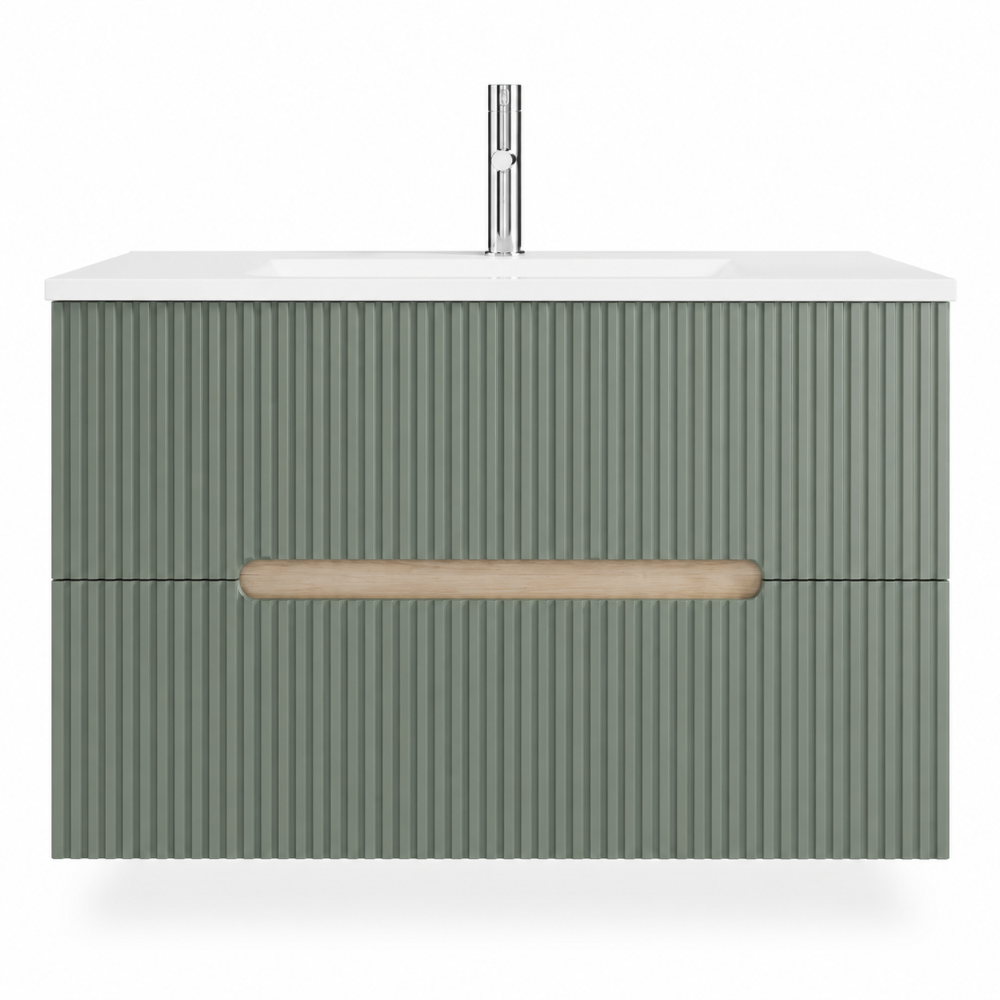 Meuble de salle de bain suspendu 100 cm chêne glace et vert sauge