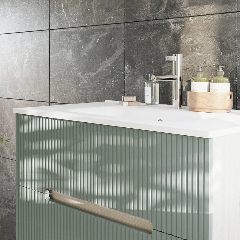 Meuble de salle de bain suspendu 100 cm chêne glace et vert sauge