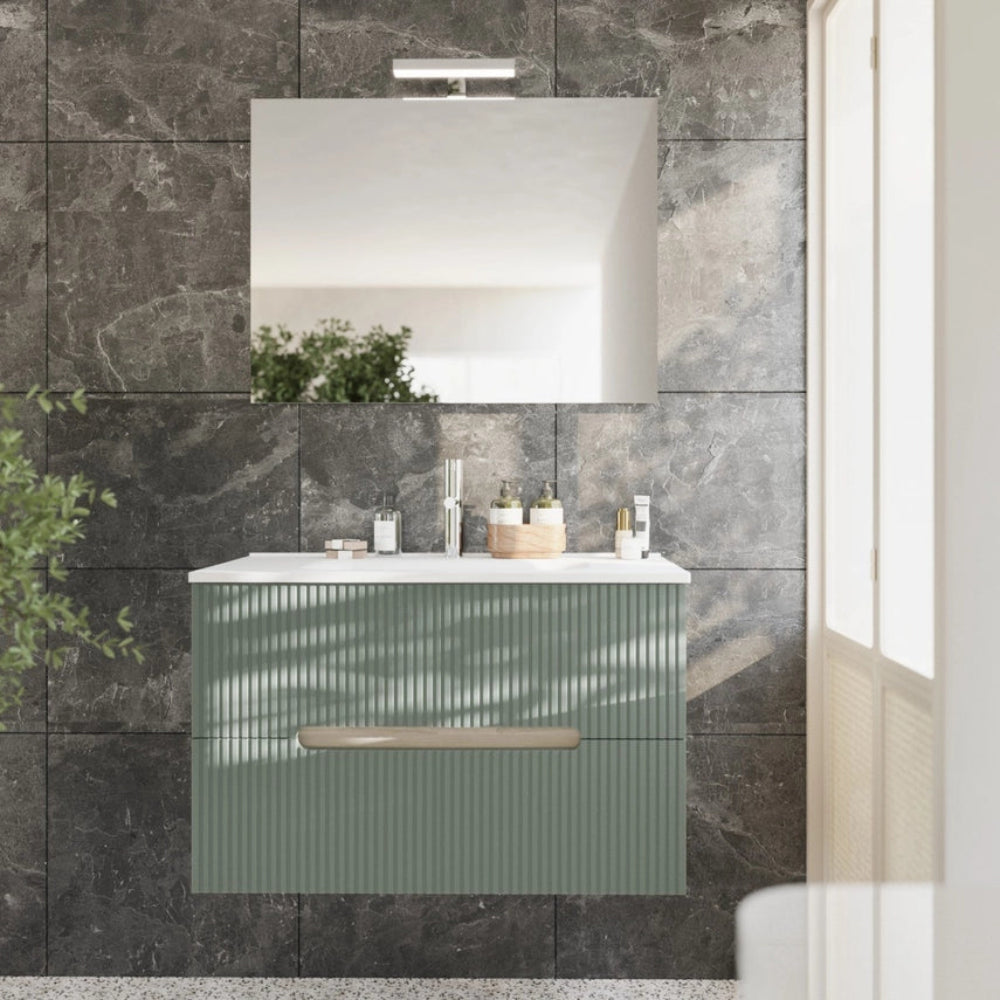 Meuble de salle de bain suspendu 100 cm chêne glace et vert sauge