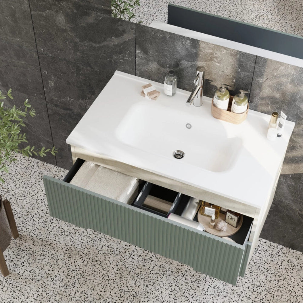 Meuble de salle de bain suspendu 100 cm chêne glace et vert sauge