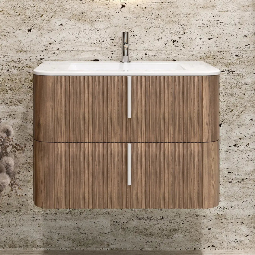 Meuble de salle de bain suspendu 100 cm tabac avec façade cannelée