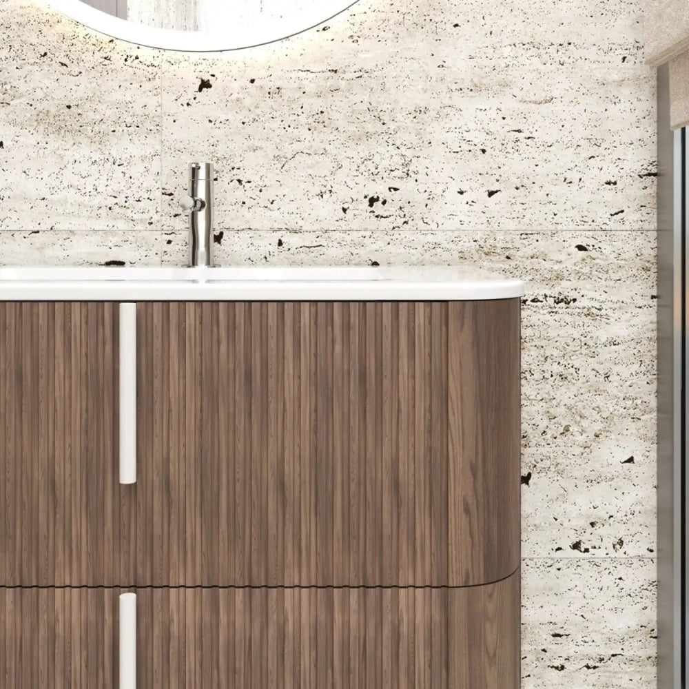 Meuble de salle de bain suspendu 100 cm tabac avec façade cannelée
