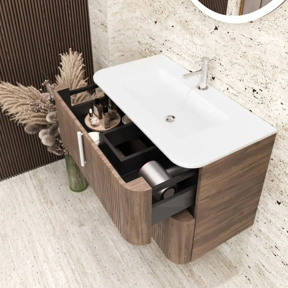 Meuble de salle de bain suspendu 100 cm tabac avec façade cannelée