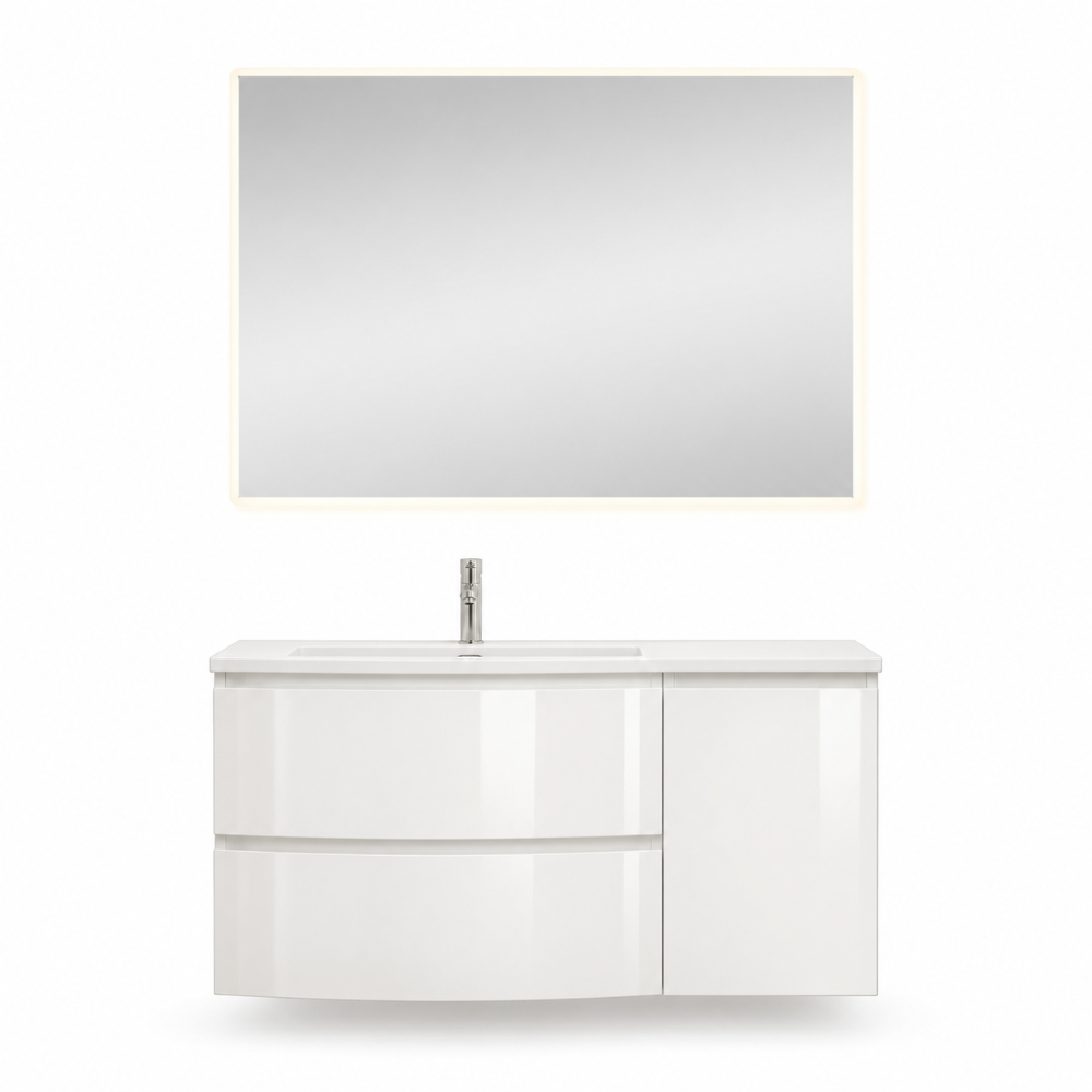 Meuble de salle de bain suspendu 105 cm blanc brillant avec porte à droite