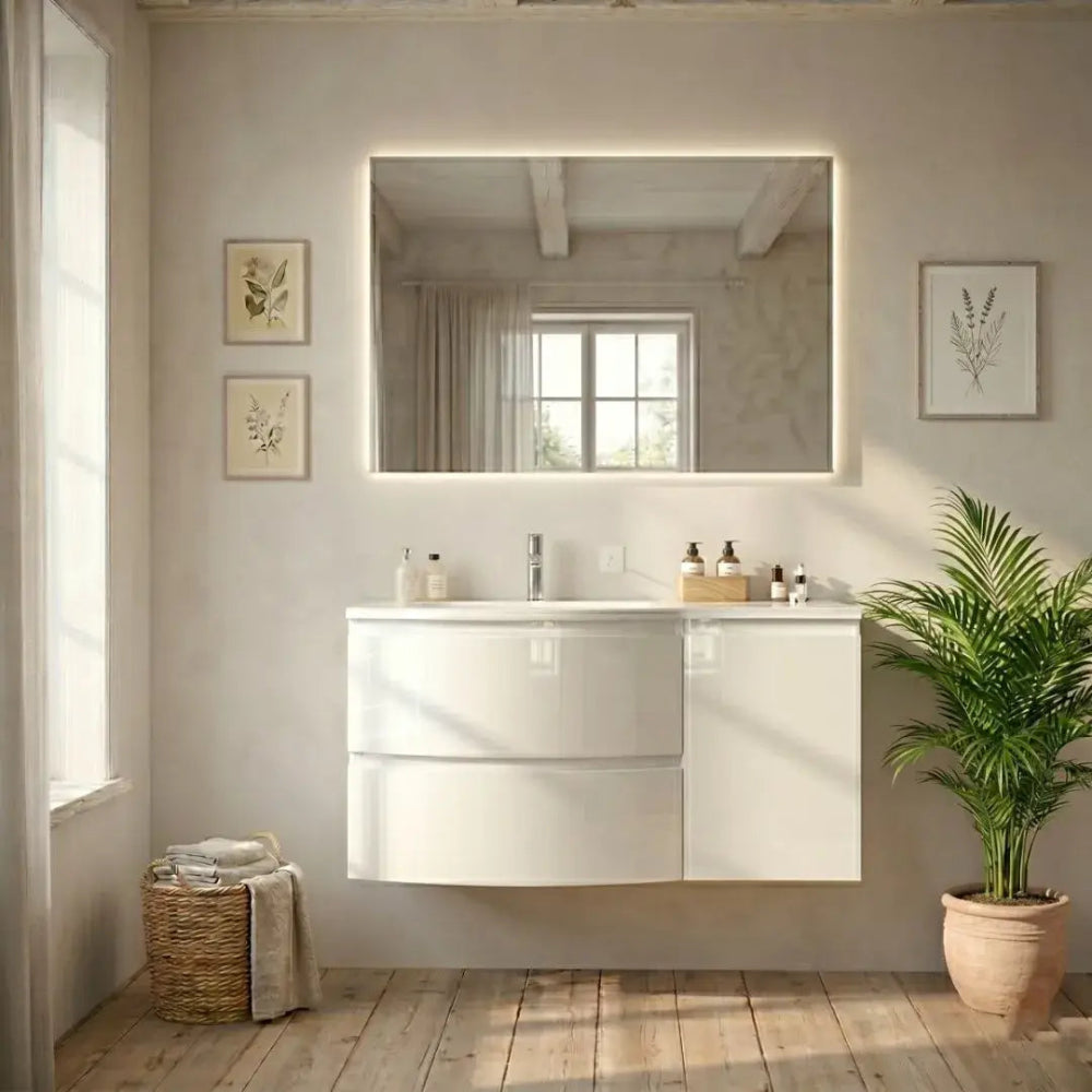 Meuble de salle de bain suspendu 105 cm blanc brillant avec porte à droite
