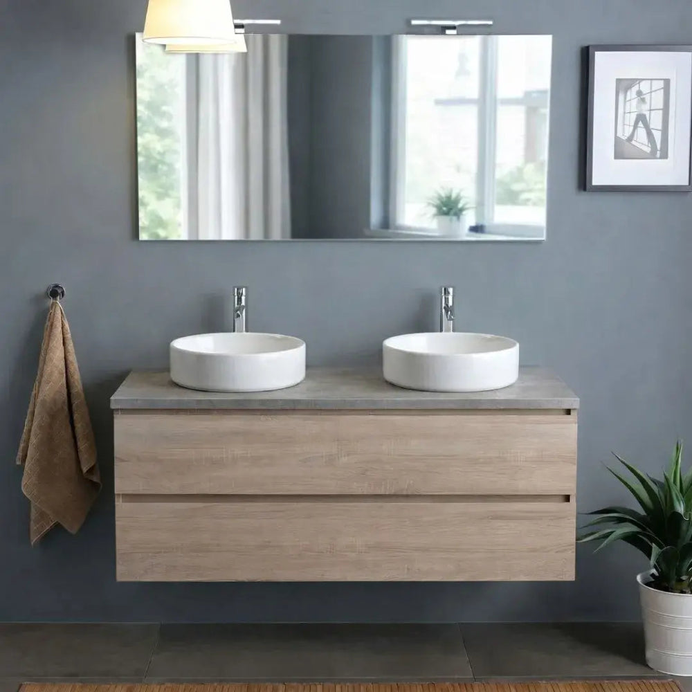Meuble de salle de bain suspendu 120 cm avec miroir et plan effet ciment