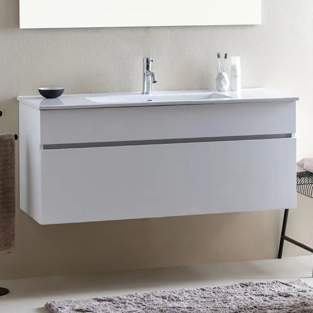 Meuble de salle de bain suspendu 120 cm blanc bois avec vasque et miroir 120 x 60