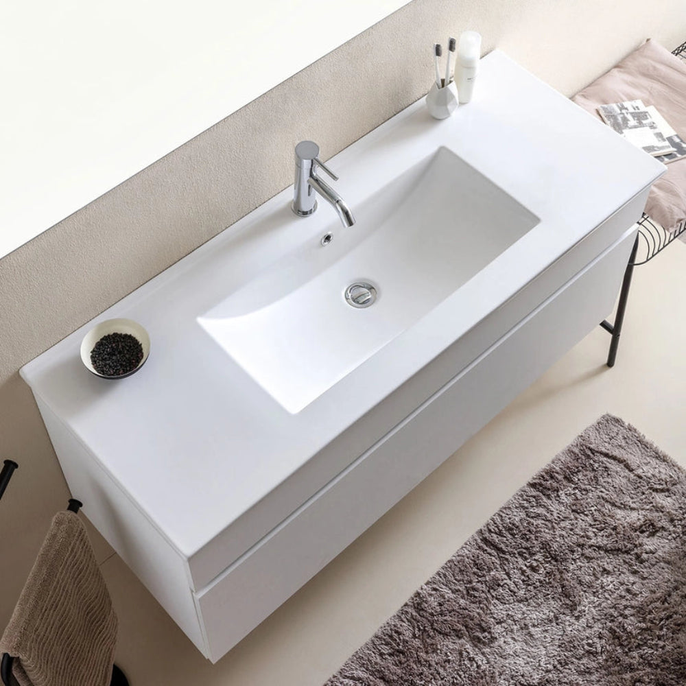 Meuble de salle de bain suspendu 120 cm blanc bois avec vasque et miroir 120 x 60