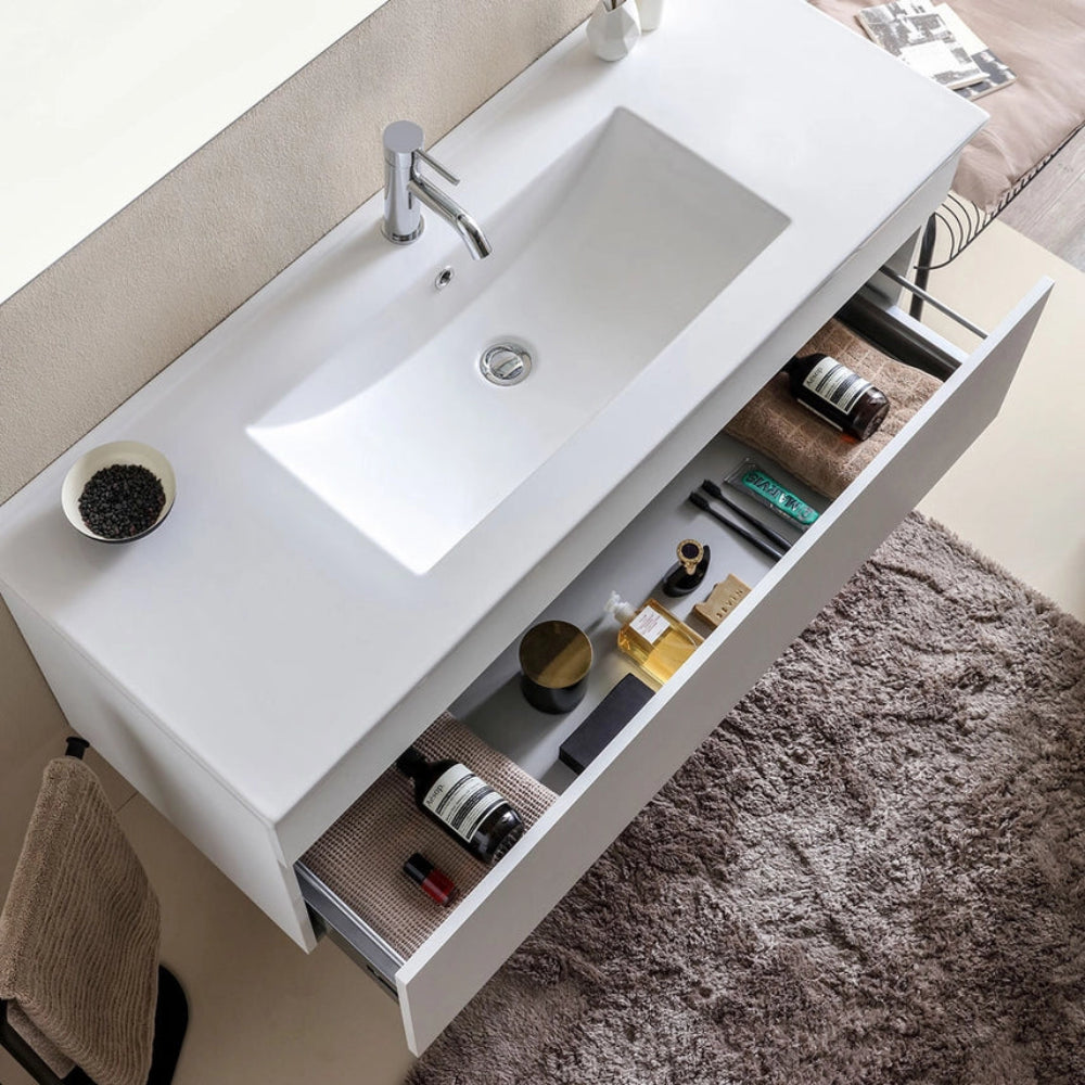 Meuble de salle de bain suspendu 120 cm blanc bois avec vasque et miroir 120 x 60