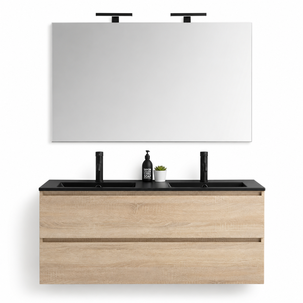 Meuble de salle de bain suspendu 120 cm chêne avec lavabo noir, miroir