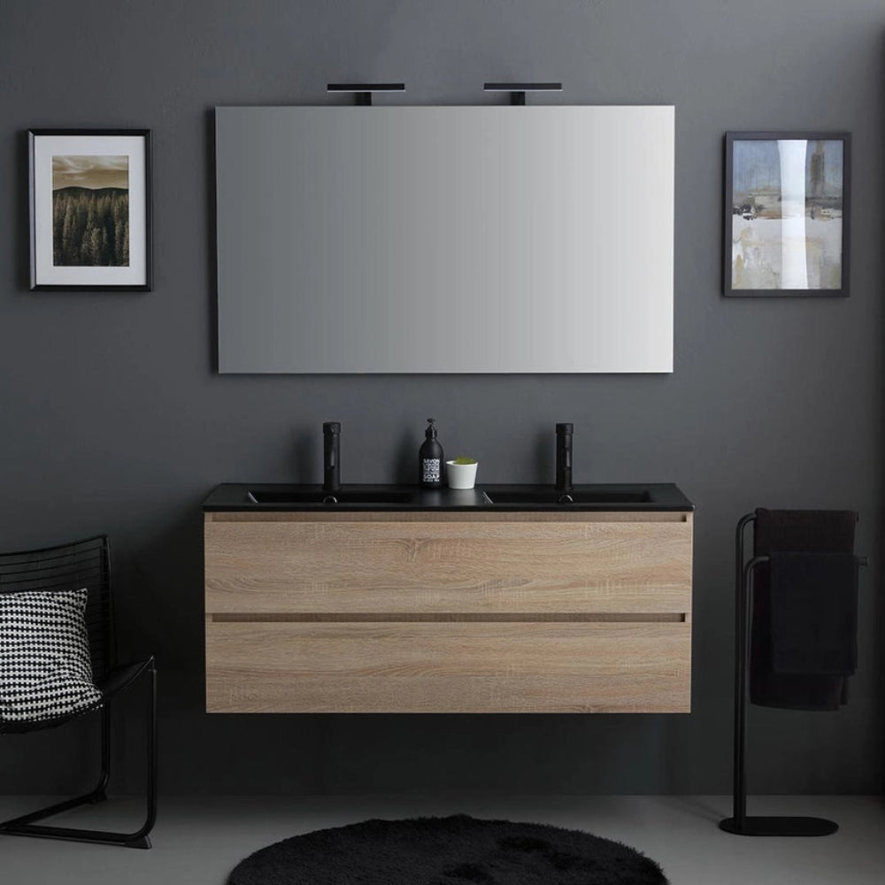 Meuble de salle de bain suspendu 120 cm chêne avec lavabo noir, miroir