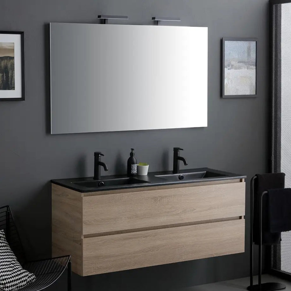 Meuble de salle de bain suspendu 120 cm chêne avec lavabo noir, miroir