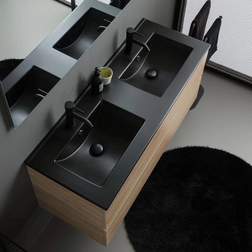 Meuble de salle de bain suspendu 120 cm chêne avec lavabo noir, miroir