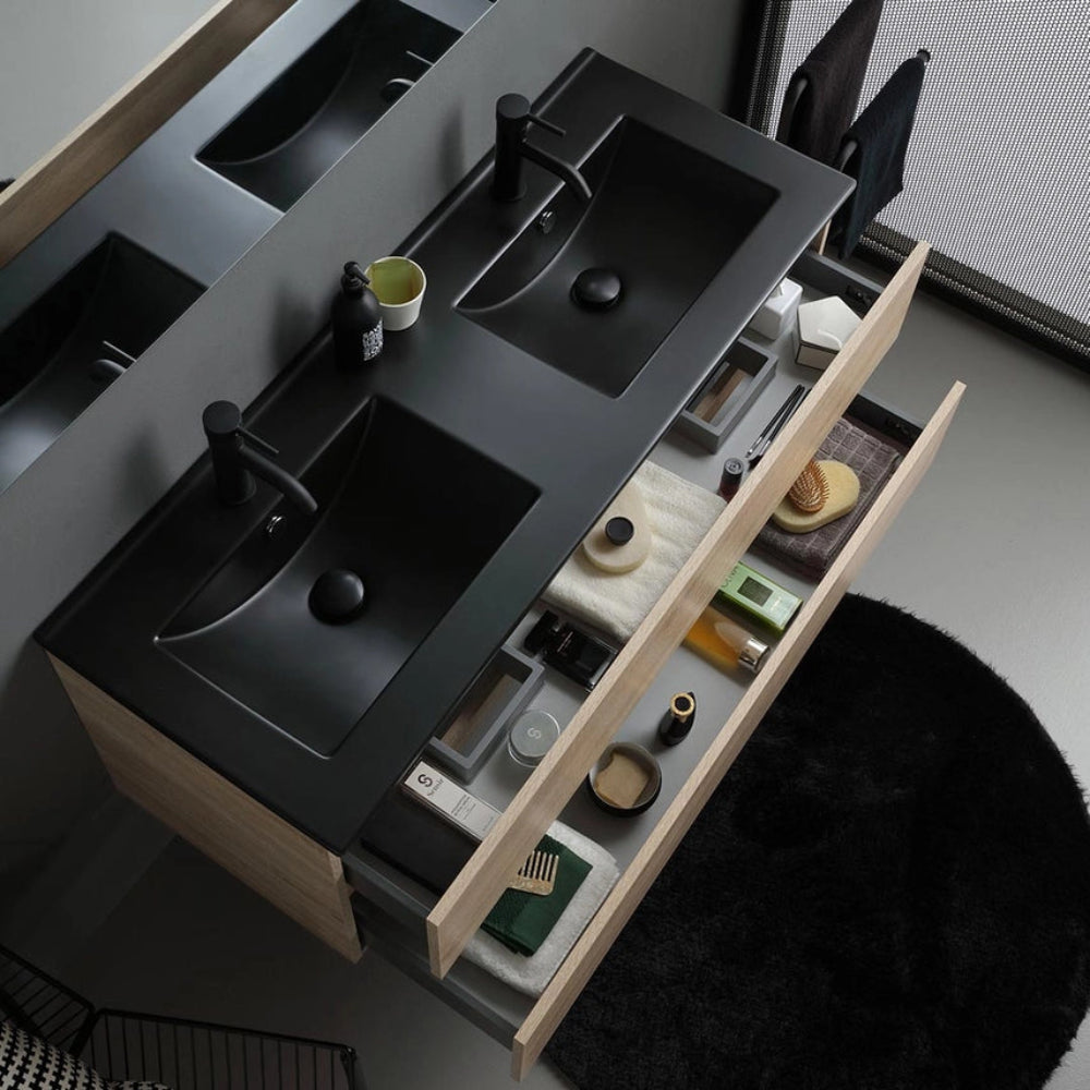 Meuble de salle de bain suspendu 120 cm chêne avec lavabo noir, miroir
