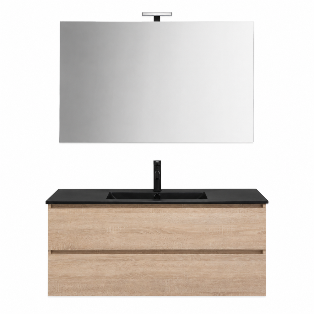 Meuble de salle de bain suspendu 120 cm chêne et vasque noir mat avec miroir LED