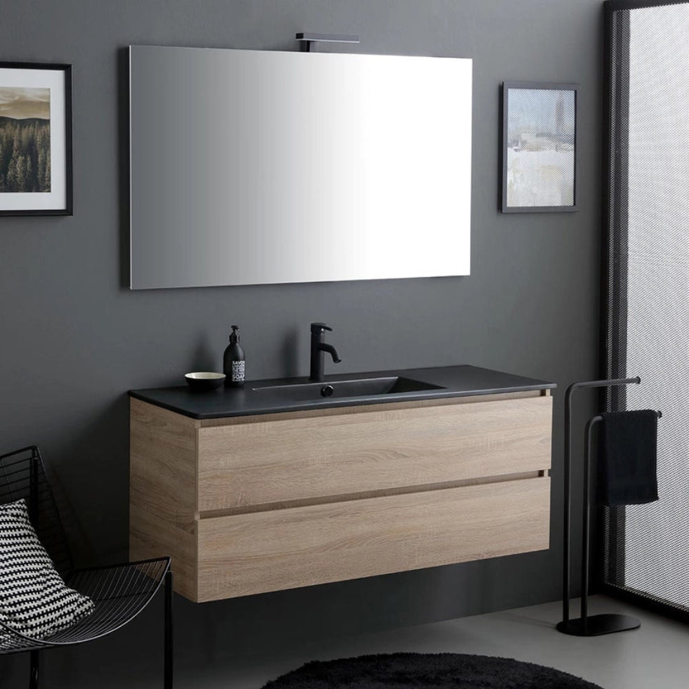 Meuble de salle de bain suspendu 120 cm chêne et vasque noir mat avec miroir LED