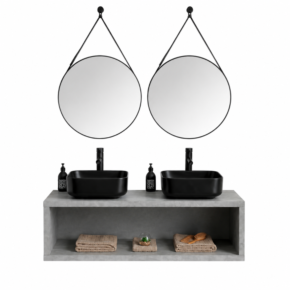 Meuble de salle de bain suspendu 120 cm finition ciment et lavabos noir mat