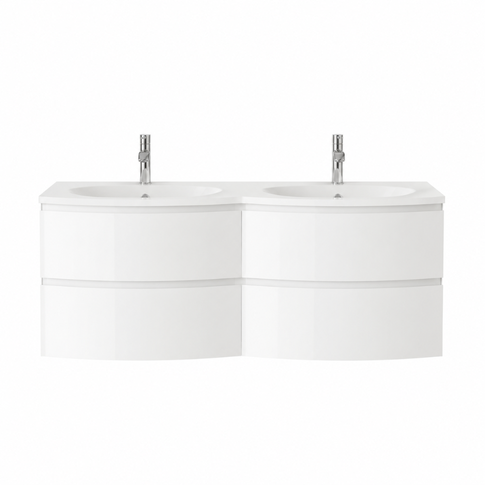 Meuble de salle de bain suspendu 140 cm arrondi blanc brillant moderne