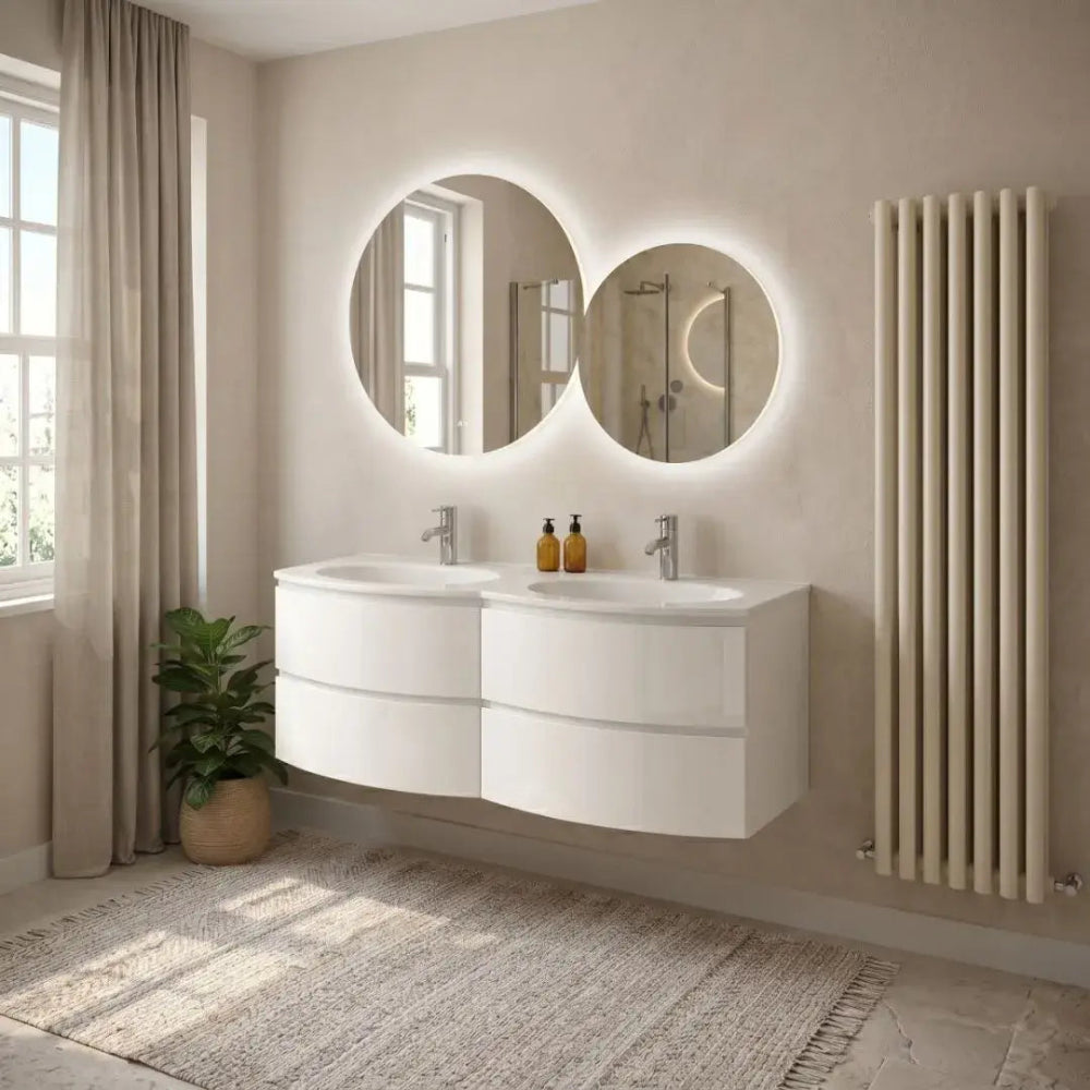 Meuble de salle de bain suspendu 140 cm arrondi blanc brillant moderne