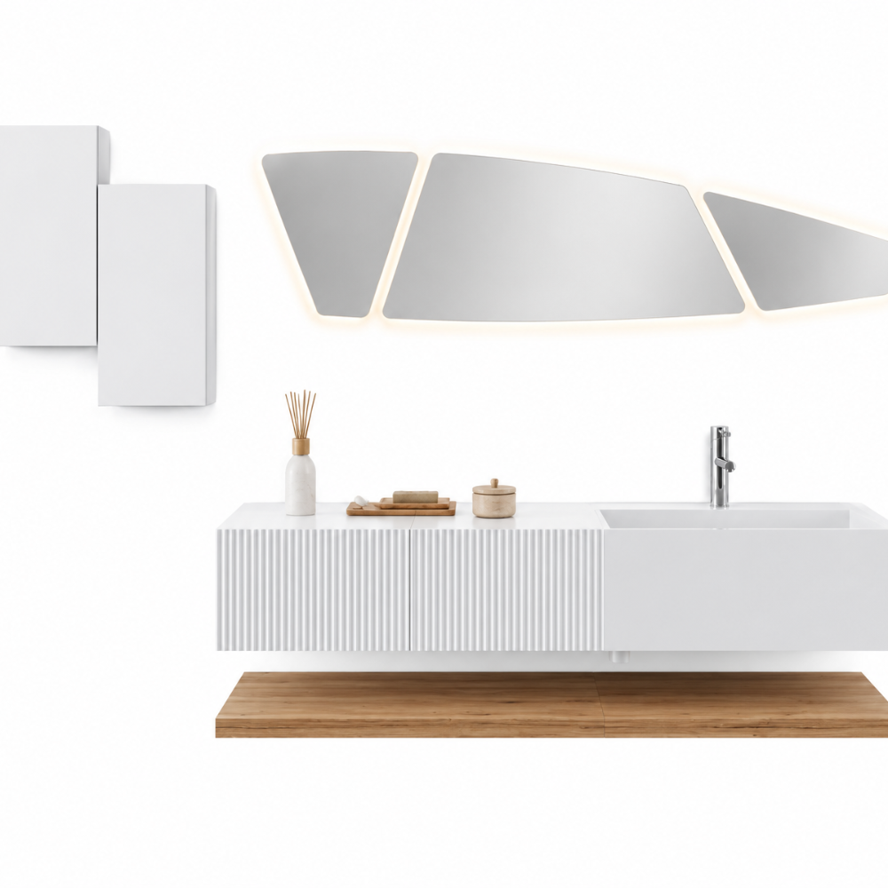 Meuble de salle de bain suspendu 140 cm design blanc et bois miel
