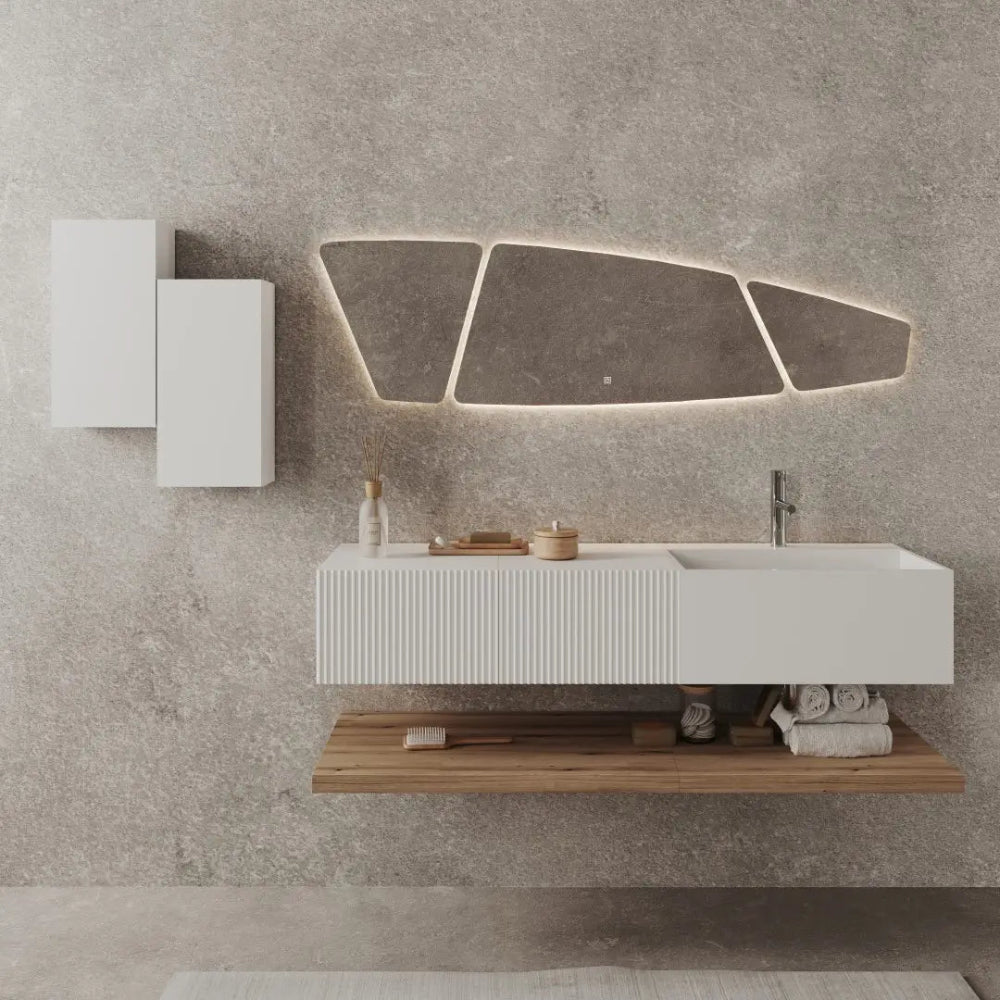 Meuble de salle de bain suspendu 140 cm design blanc et bois miel