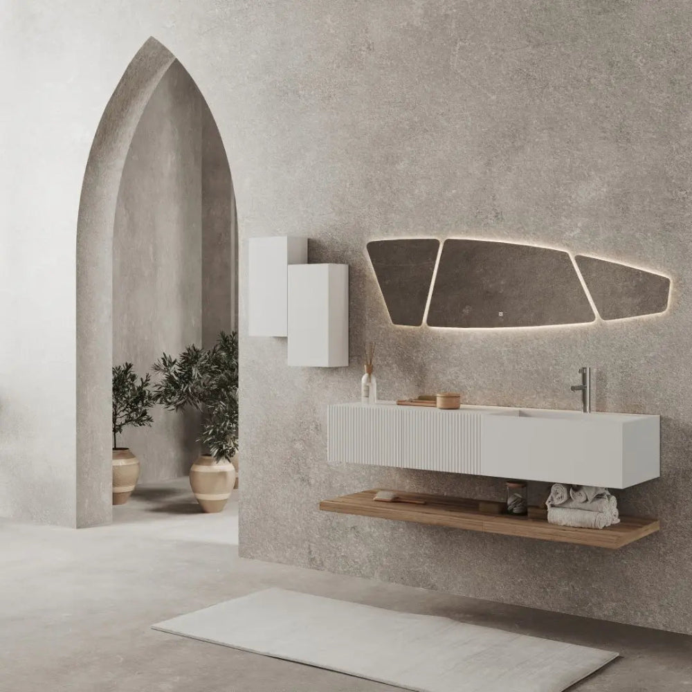 Meuble de salle de bain suspendu 140 cm design blanc et bois miel