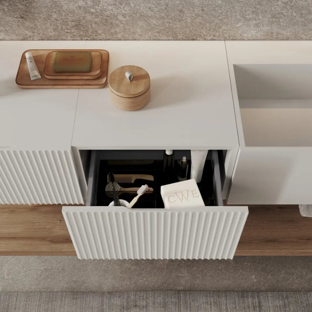 Meuble de salle de bain suspendu 140 cm design blanc et bois miel