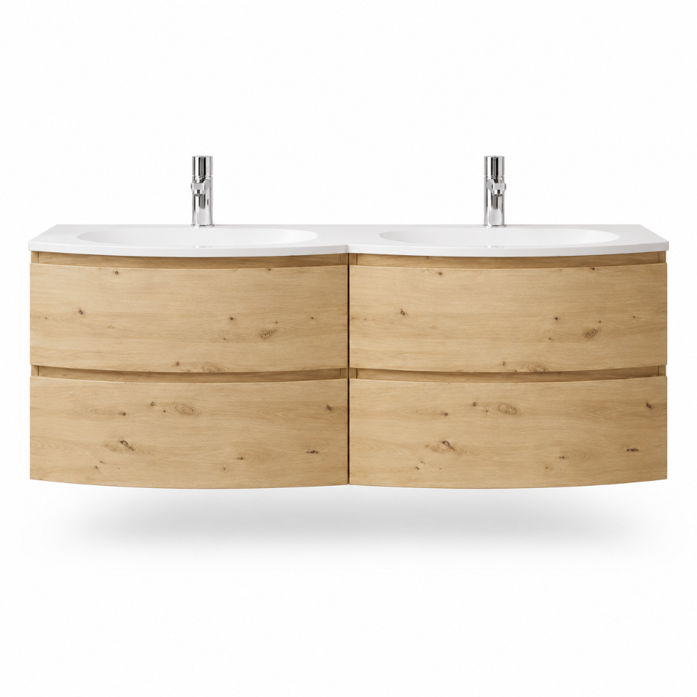 Meuble de salle de bain suspendu 140cm chêne doré 4 tiroirs avec vasque