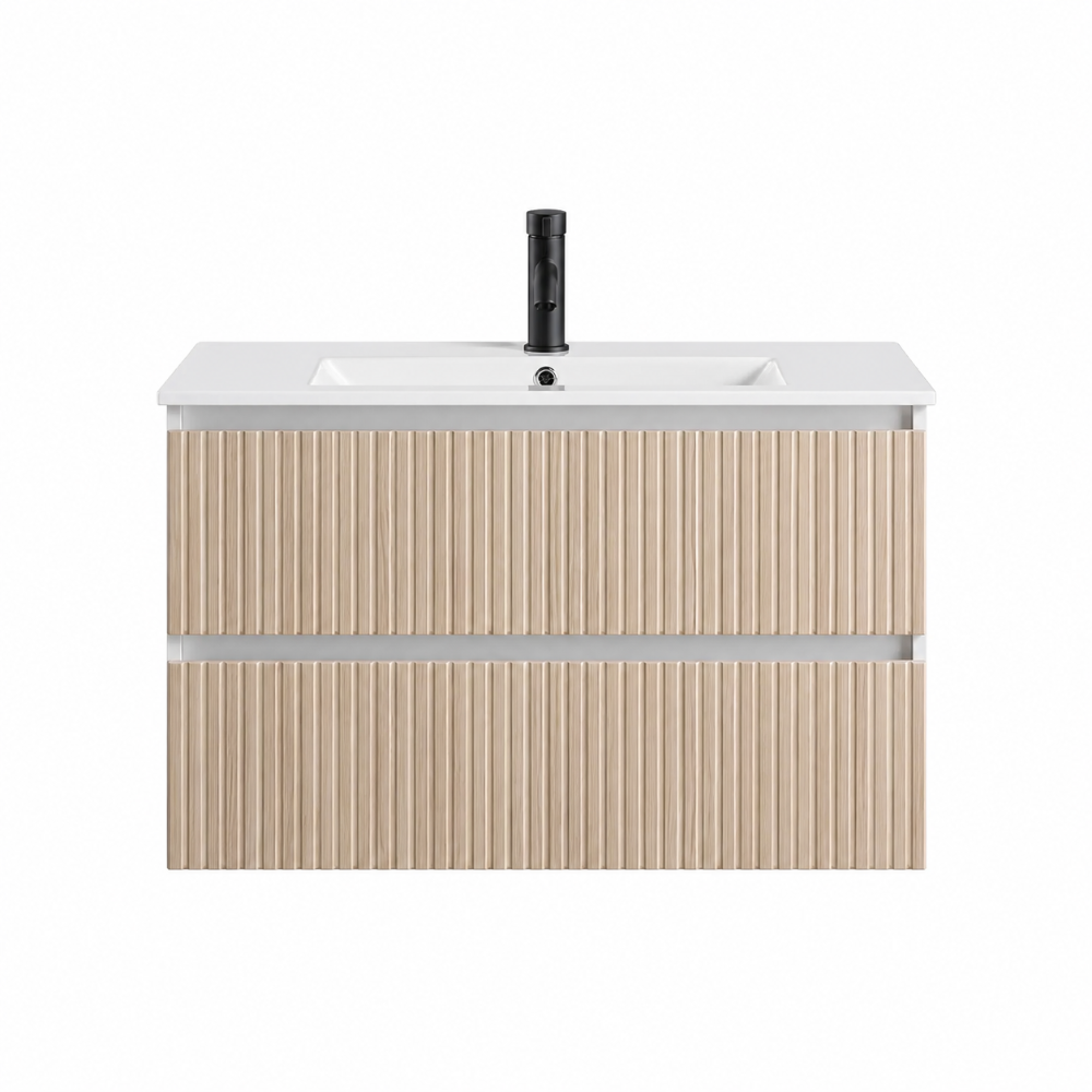 Meuble de salle de bain suspendu 80 cm blanc avec 2 tiroirs chêne