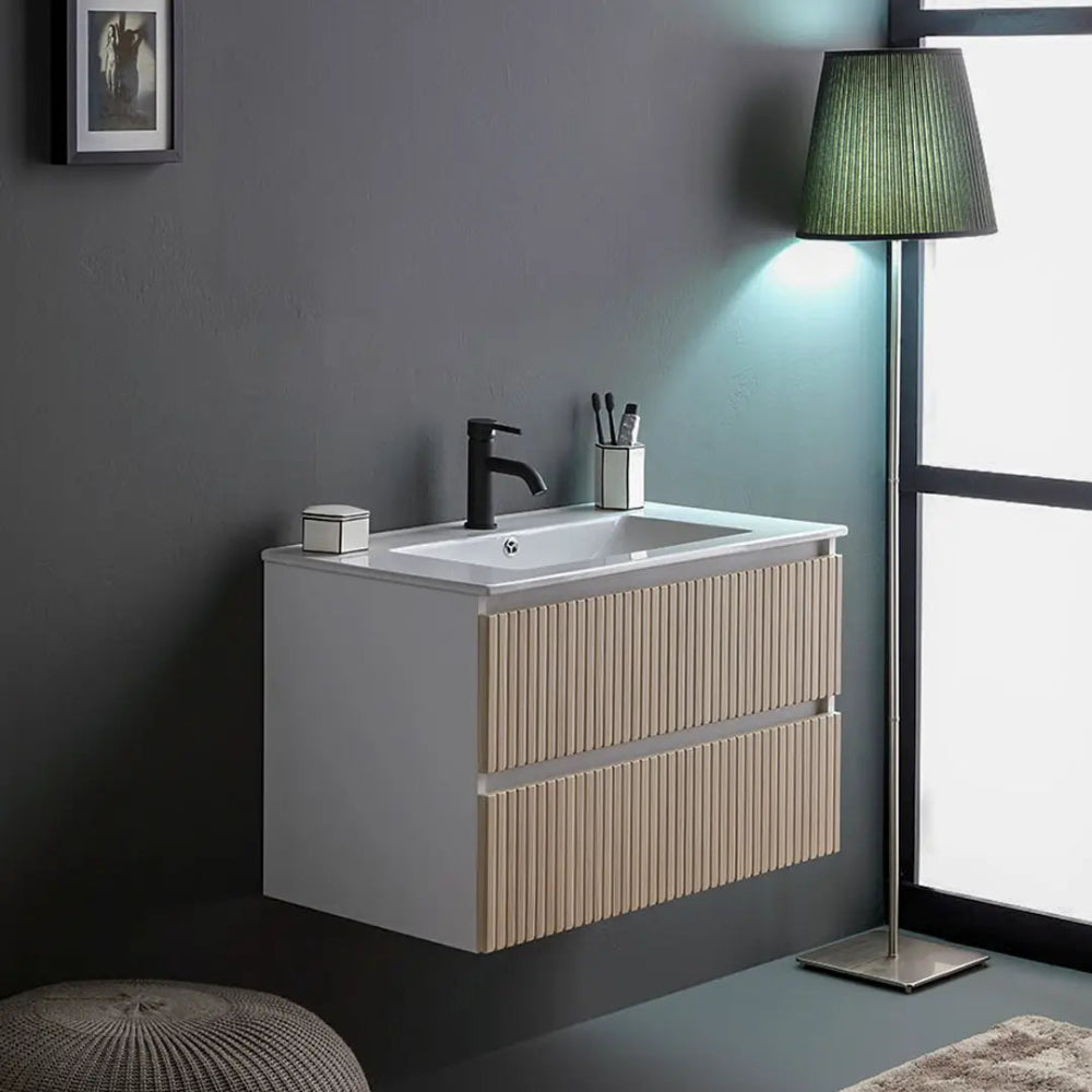 Meuble de salle de bain suspendu 80 cm blanc avec 2 tiroirs chêne